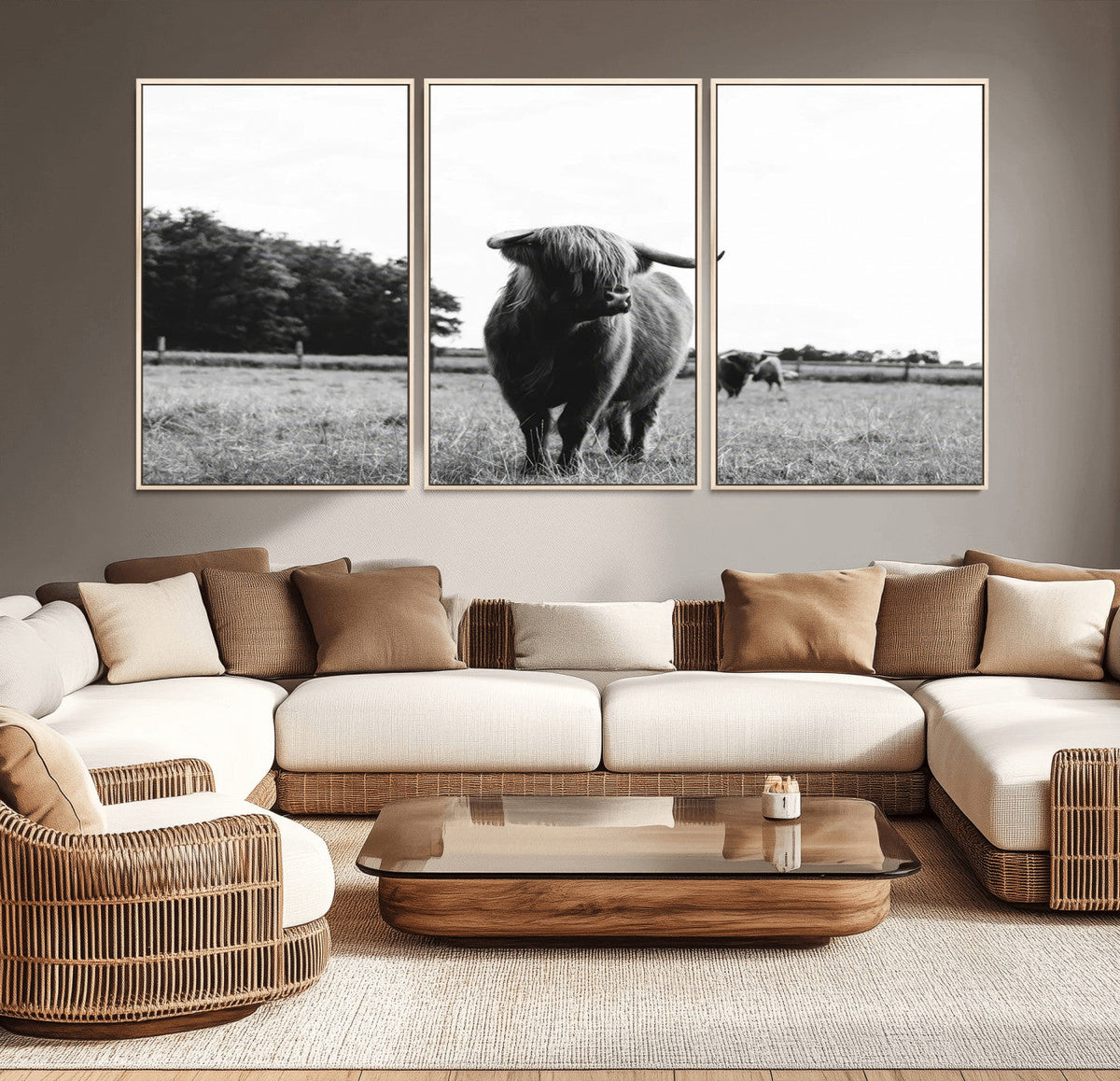 Black and White Highland Cow Wall Art Canvas Print | Rustic