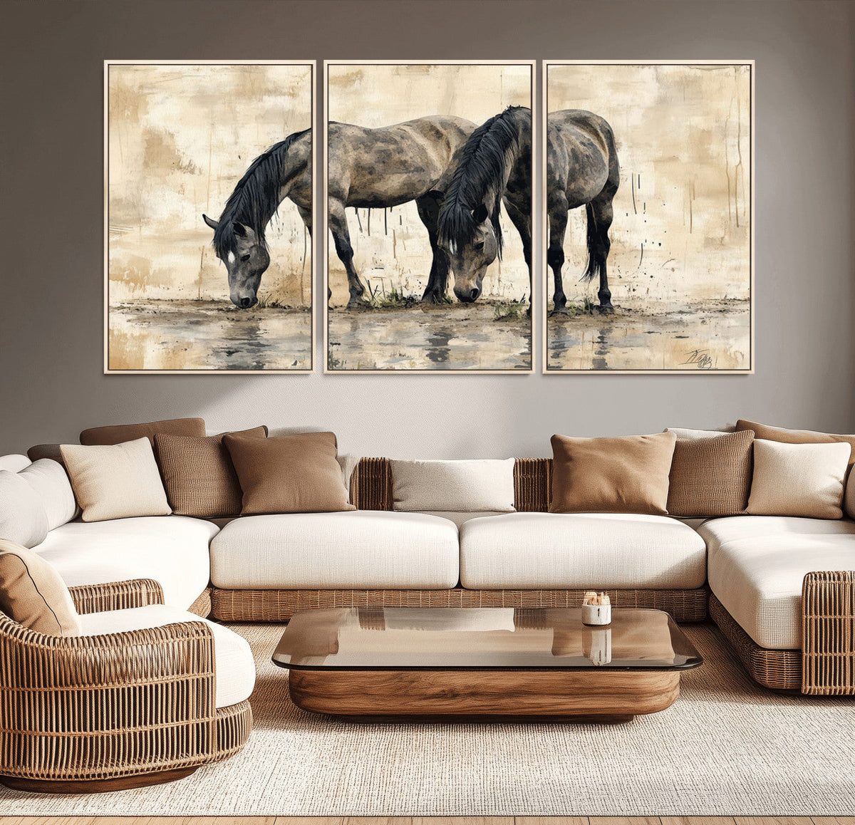 Chinese Style Abstract Black Horses Wall Art Canvas Print -