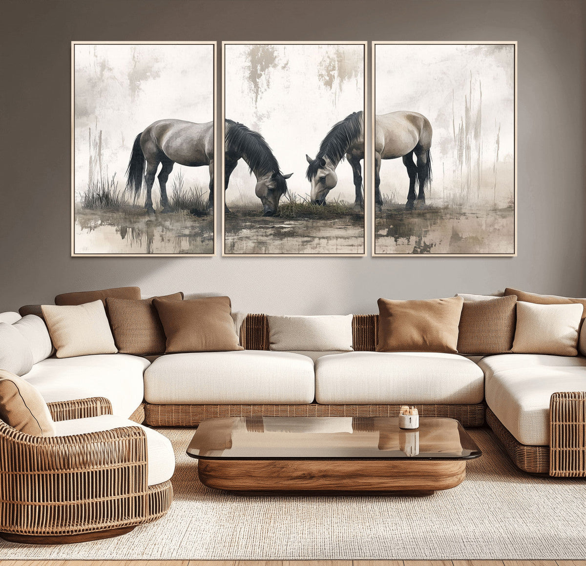 Chines Ink Style Vintage Horses Wall Art Canvas Print for