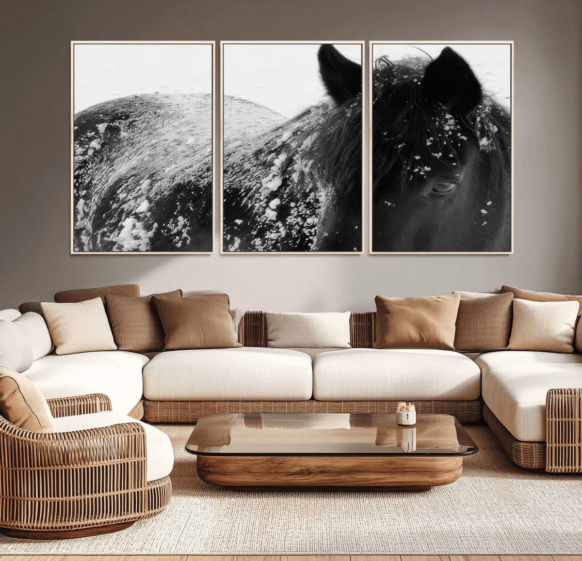 Black Horse in Snow Canvas Print | Winter Horse Wall Art |