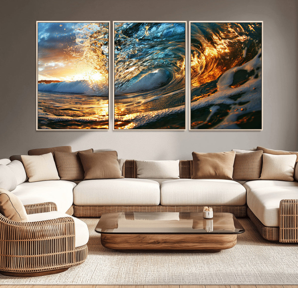 Ocean Wave at Sunset Canvas Wall Art – Vibrant Coastal Beach