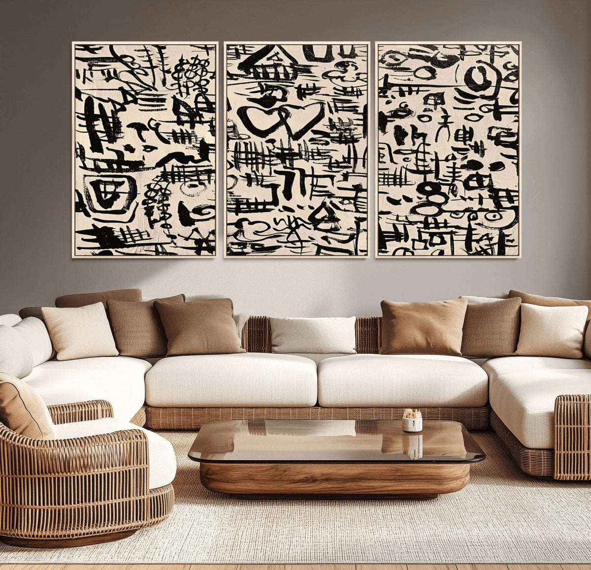 Abstract Love and Chaos Canvas Print, Black Symbols on Beige