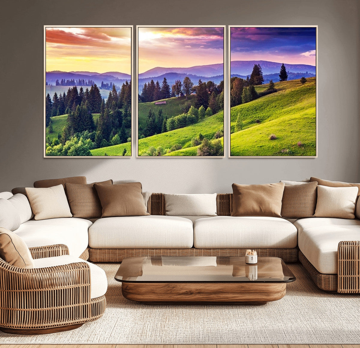 Green Hills and Sunset Wall Art Print - Scenic Landscape