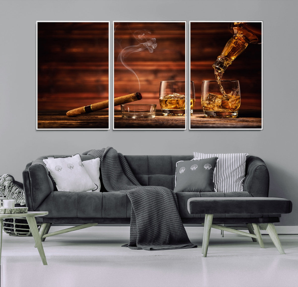 Whiskey and Cigar Wall Art Canvas | 3 Panel Bar Room Decor