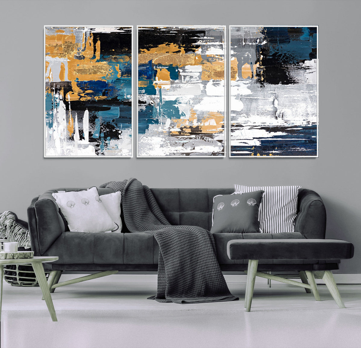 Blue and Gold Abstract Canvas Wall Art – Triptych Modern