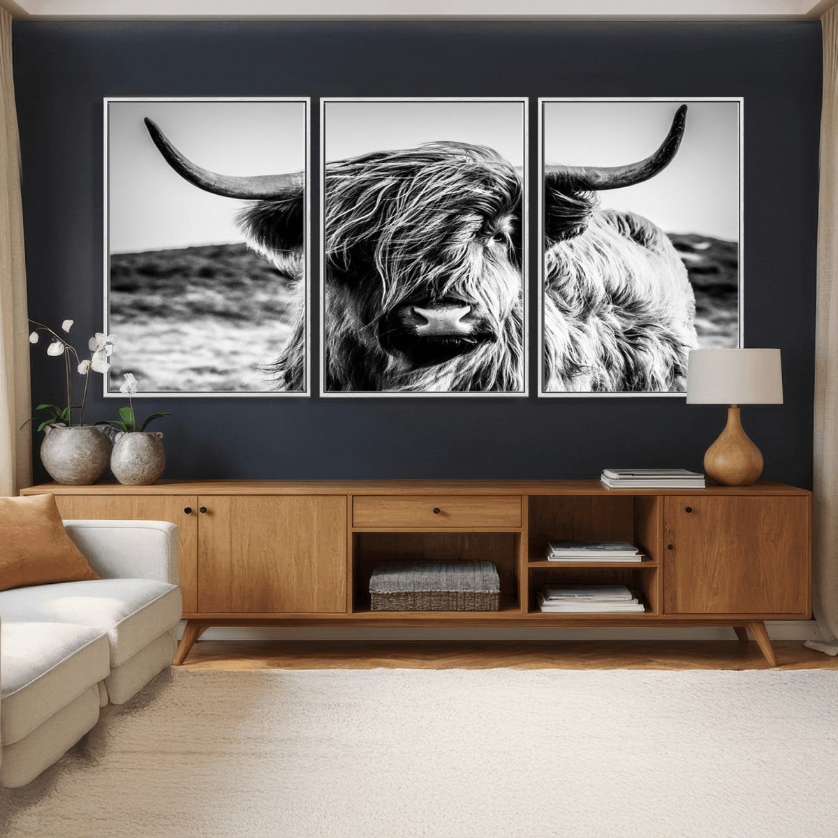 Black and White Scottish Cow Canvas Wall Art Highland Cattle