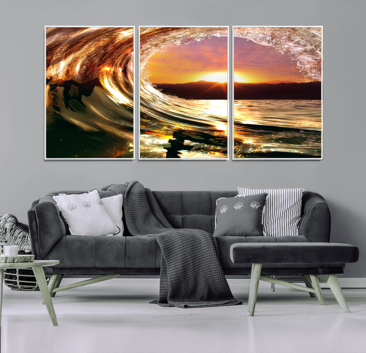Golden Wave Sunset Triptych Canvas Art, Giclee Canvas Print
