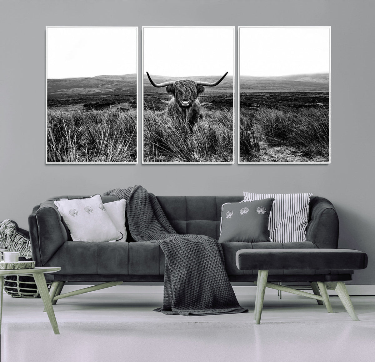 Black and White Highland Cow Canvas Wall Art, Longhorn