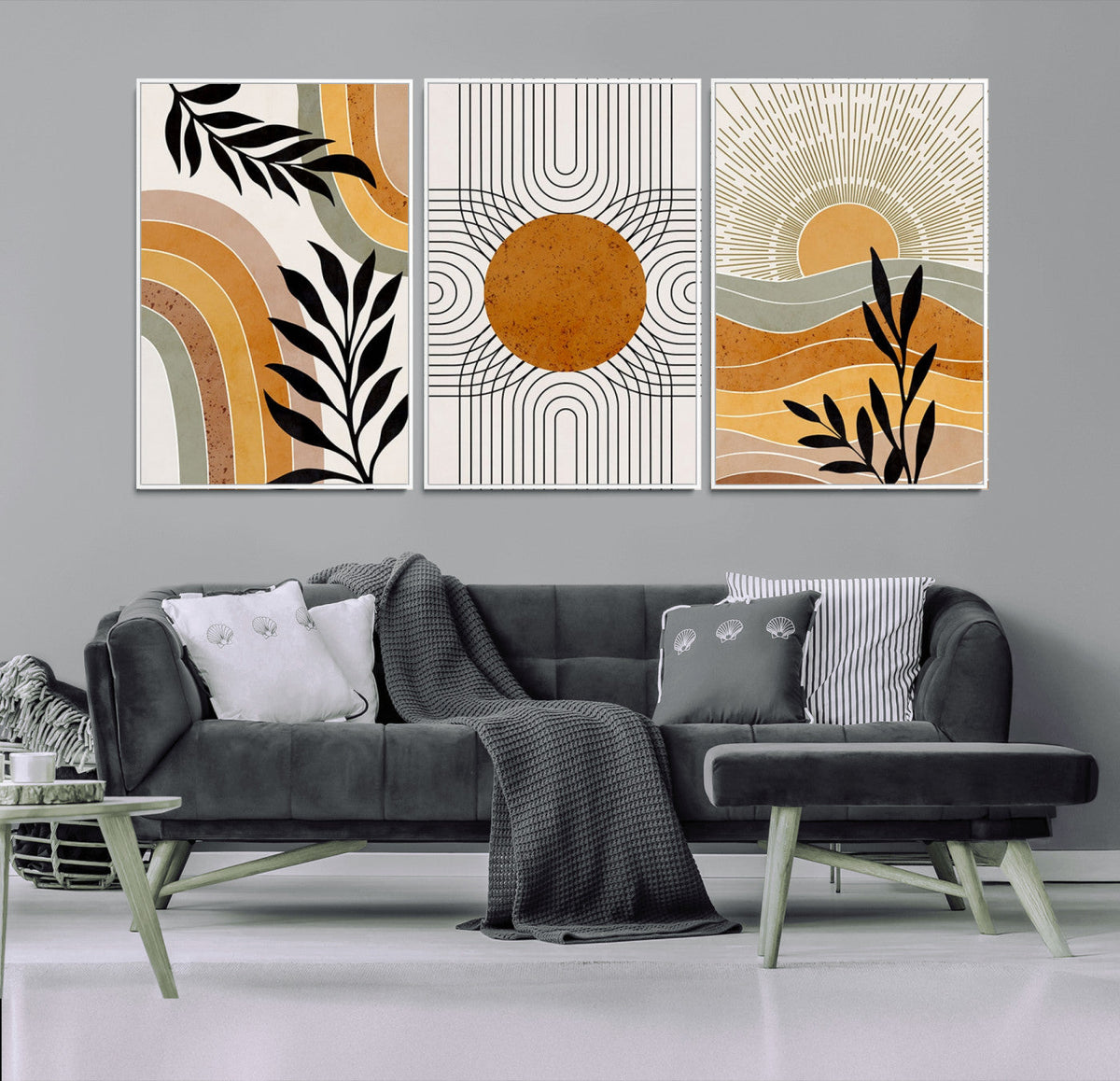 Modern Boho Sun and Leaf Abstract Art – 3-Panel Giclée