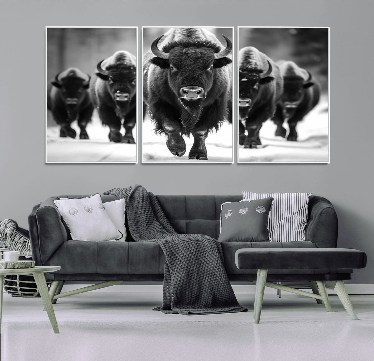 American Bison Art | Buffalo Herd Wall Art Canvas Print, BW