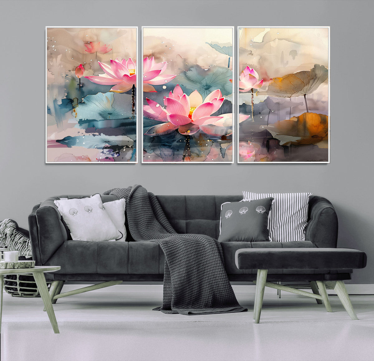 Lotus Flower Wall Art | 3-Panel Giclee Canvas Print of Pink