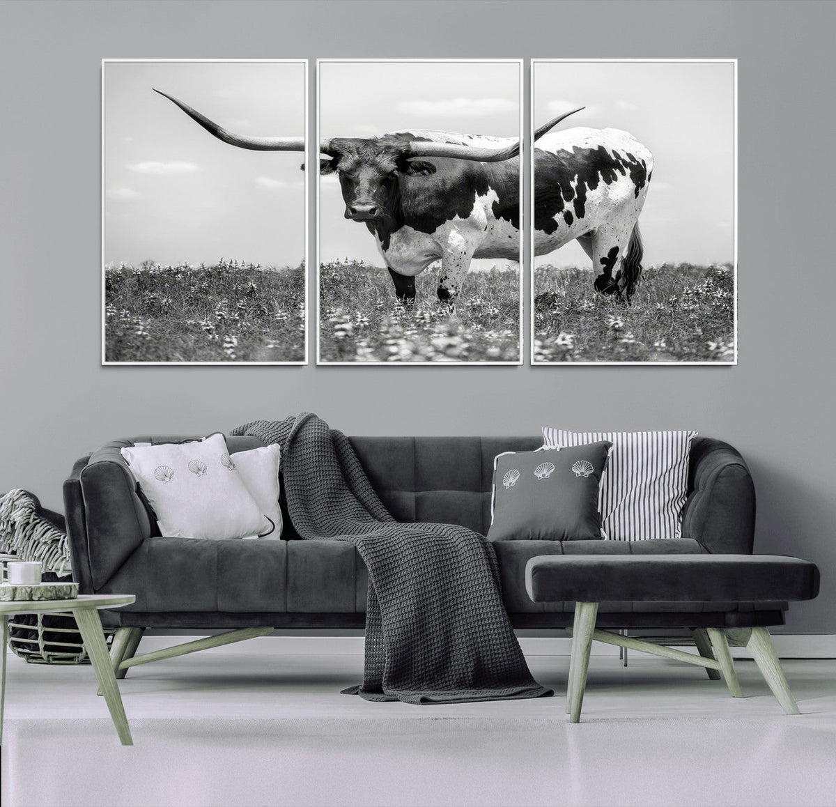 Texas Black White Highland Longhorn Cow Wall Art Canvas