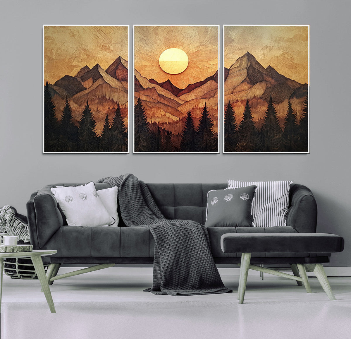 Wood Style Abstract Mountain Sunset Canvas Wall Art Print -