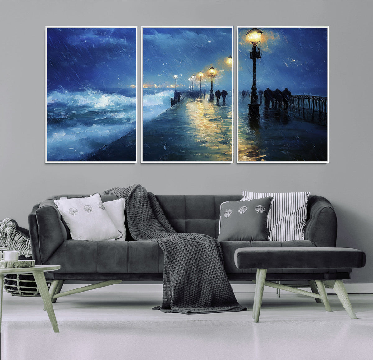 Storm Ocean Pier Canvas Wall Art Print - Large Moody Night