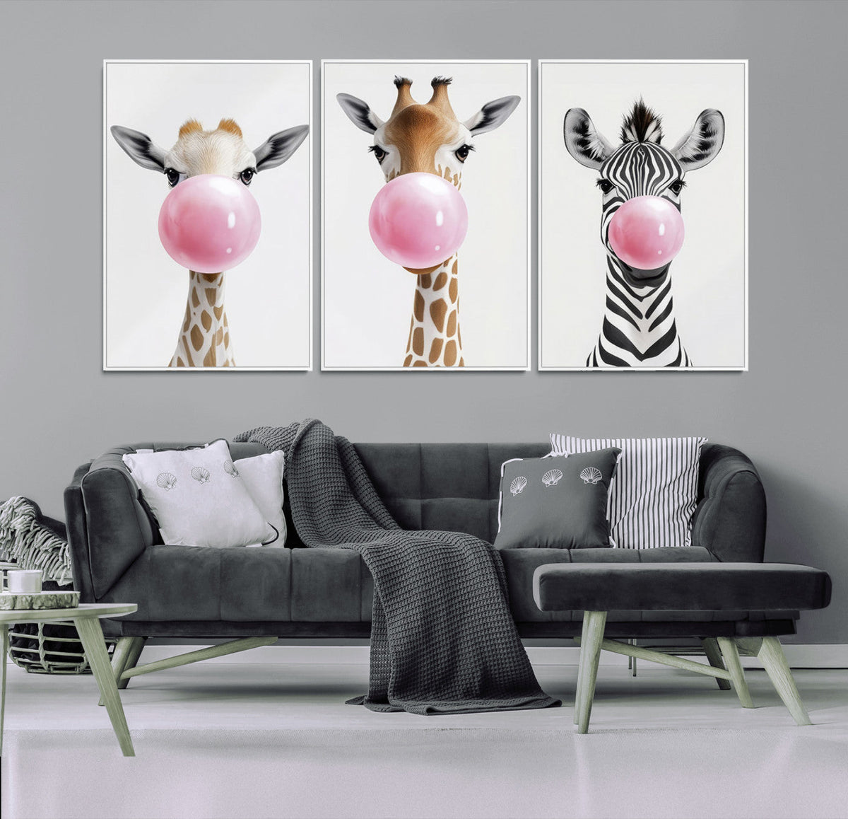 Bubblegum Animals Canvas Wall Art - Playful Giraffe and