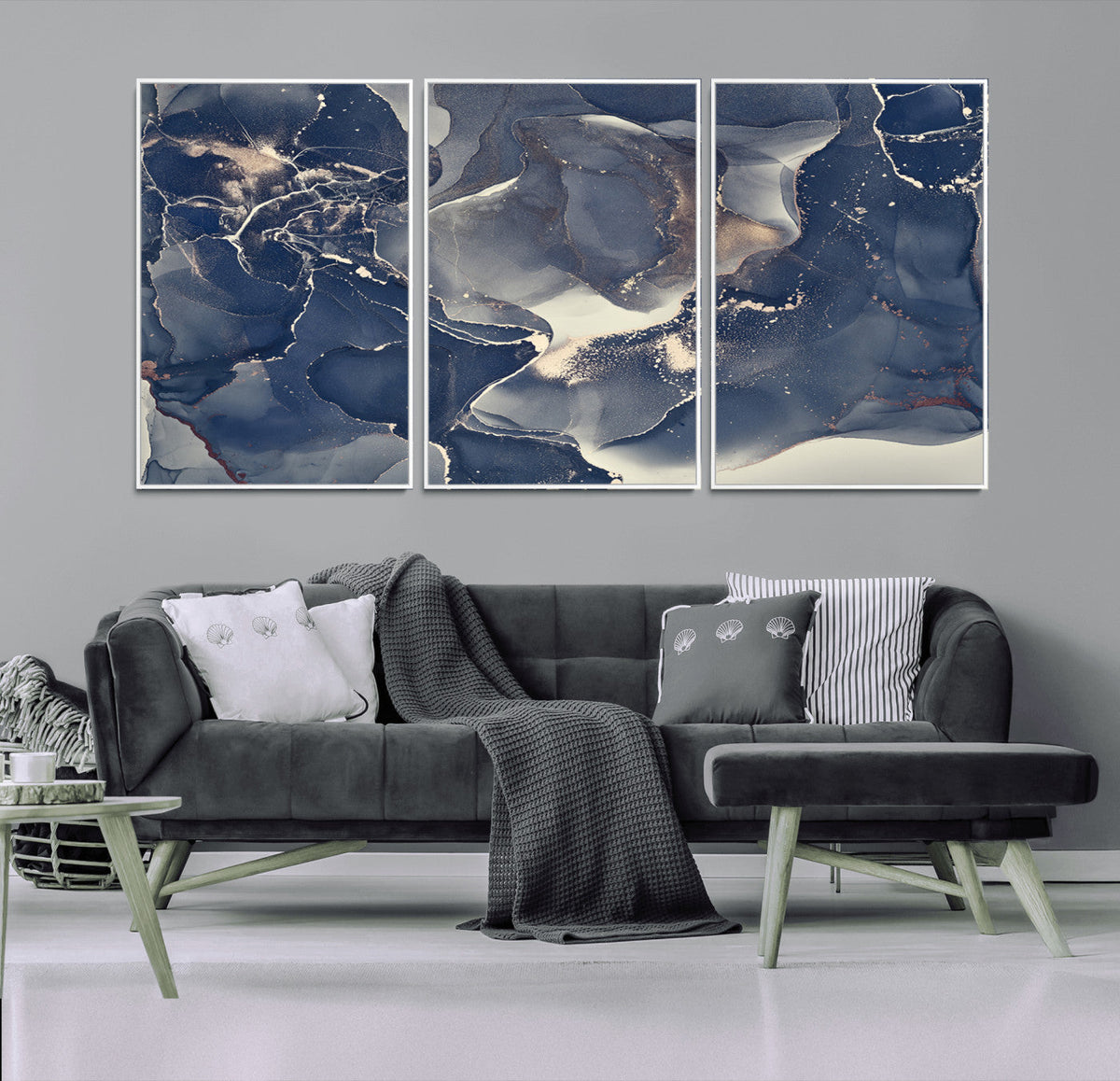 Large Abstract Blue and Gold Canvas Wall Art Fluid Ink