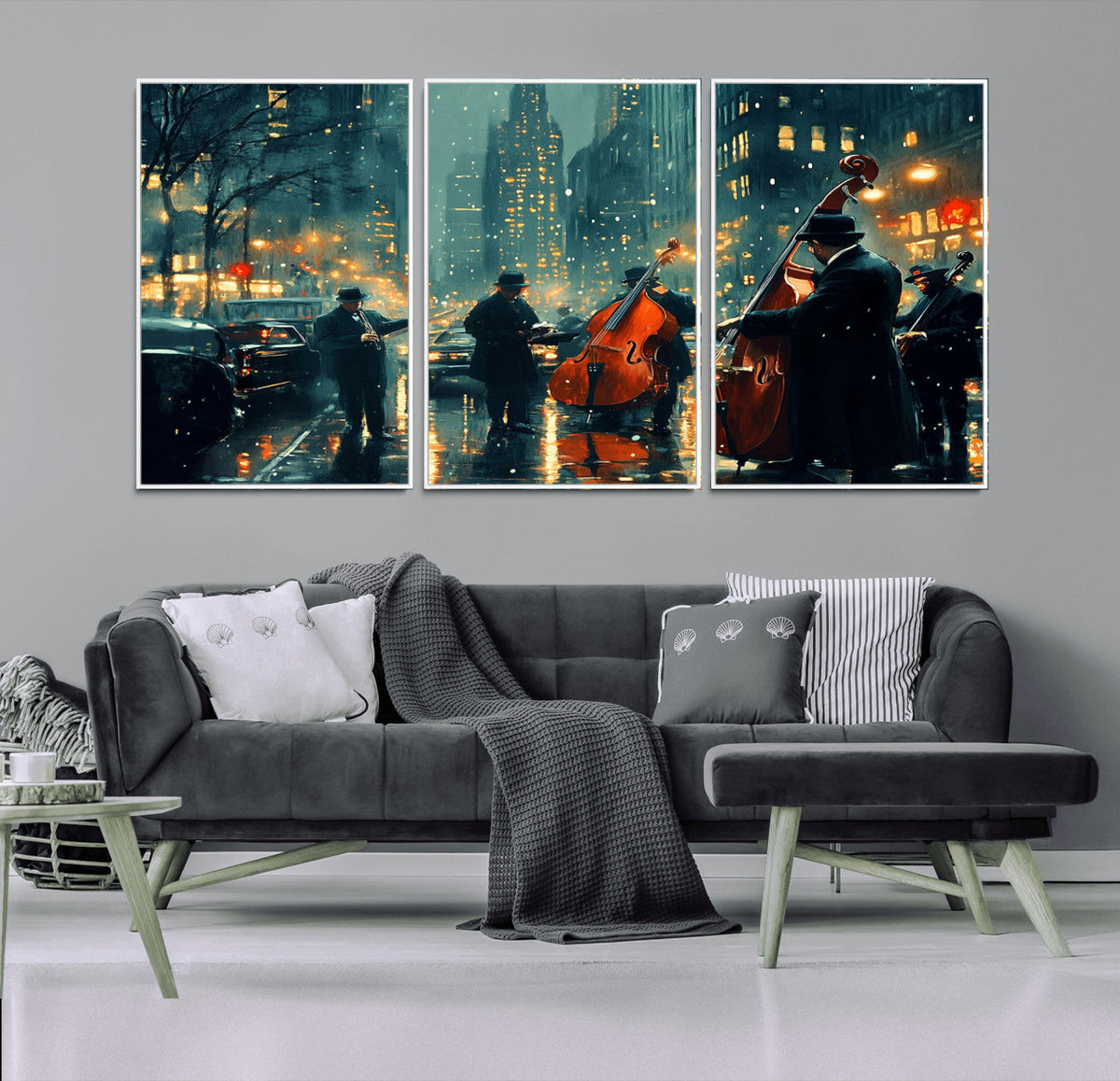 Urban Night Jazz Wall Art Canvas Print – Moody Rain-Soaked