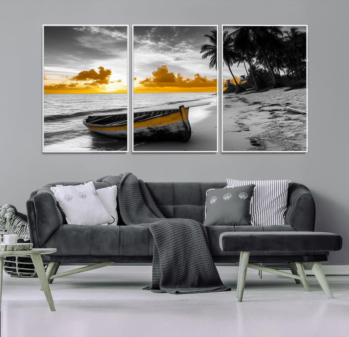 Yellow Rowboat Wall Art – Framed Tropical Shoreline Canvas