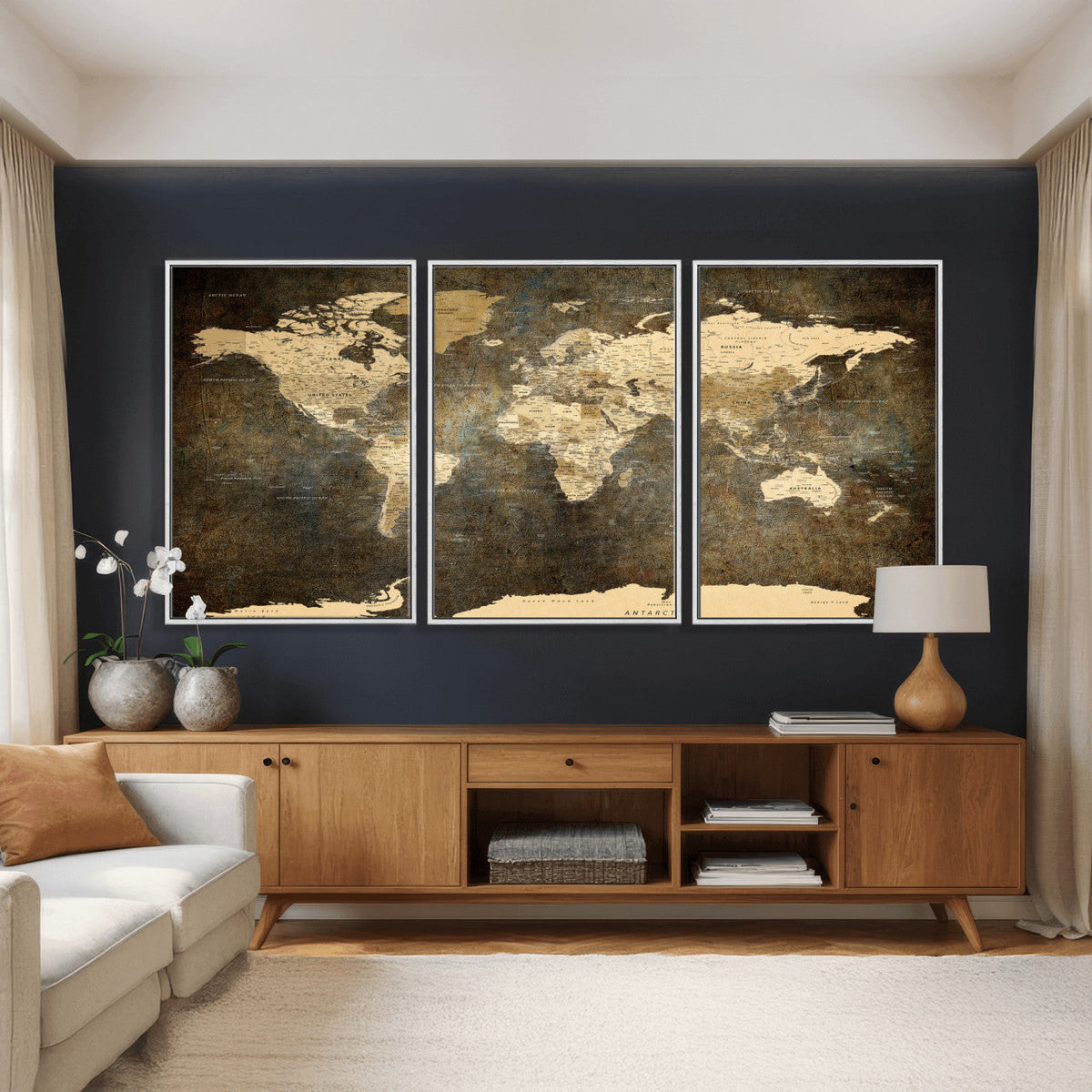 Large Framed Vintage World Map Wall Art Print for Home Wall