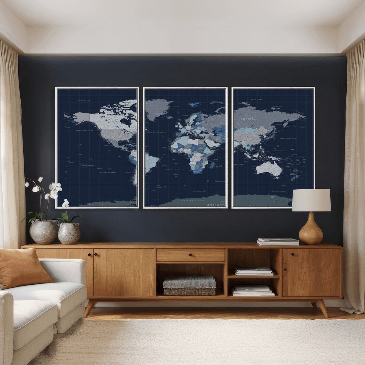 Blue Detailed World Map Wall Art Canvas Print, Modern Framed