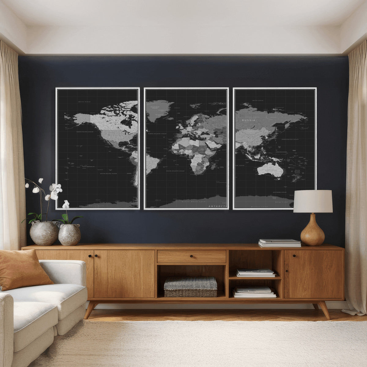Black World Map Wall Art Canvas Print – Detailed Map of the