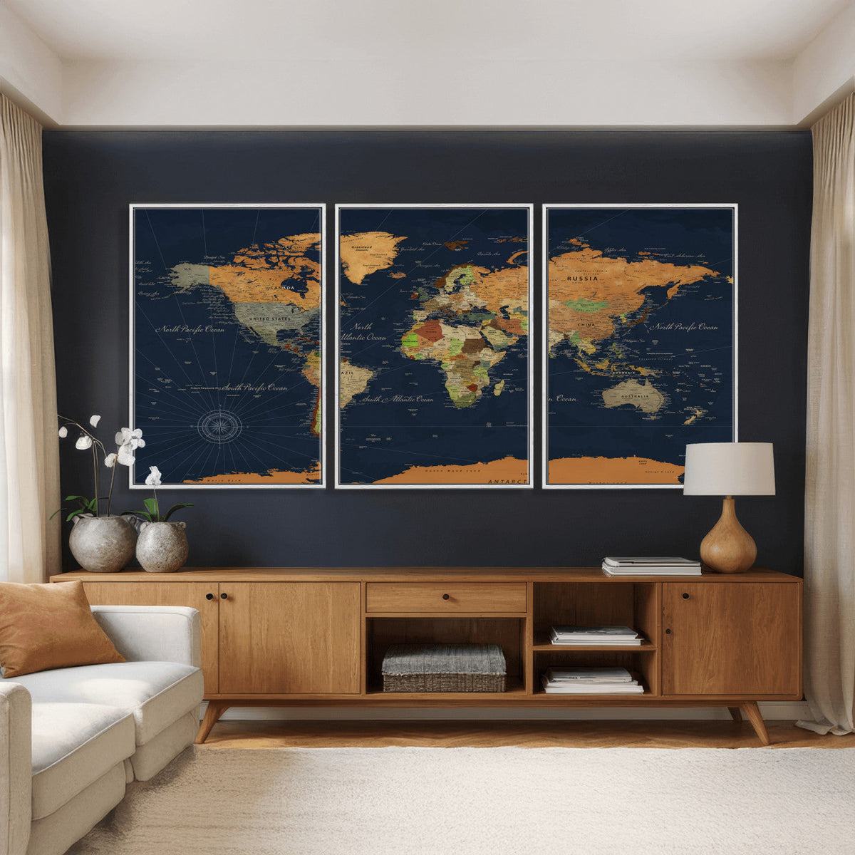 Modern World Map Canvas Print – Framed Detailed Map of the