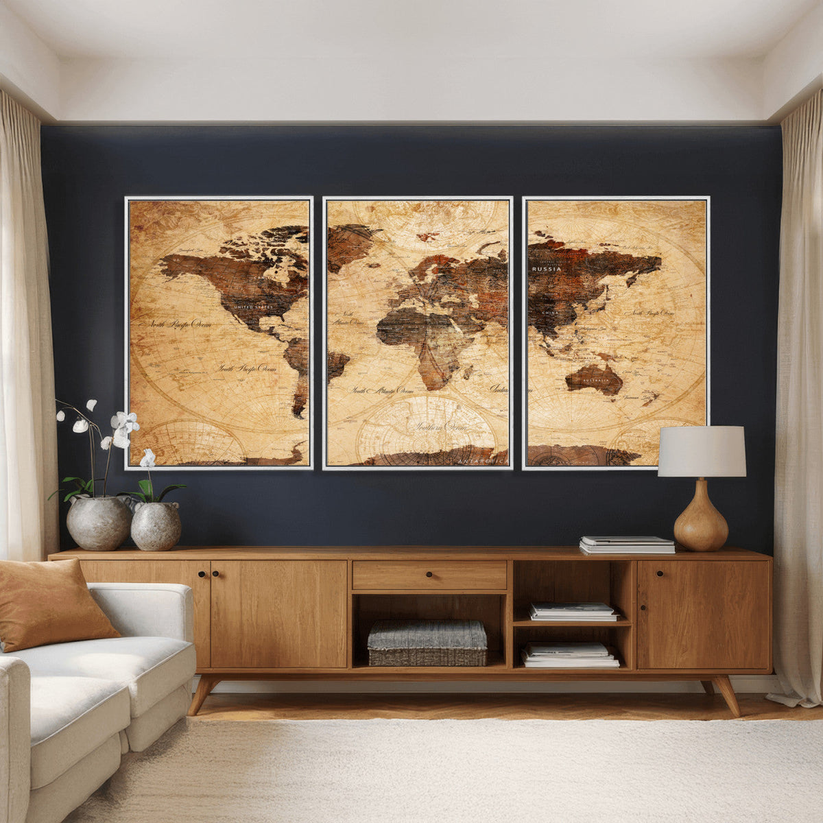 Modern Red and Gray World Map Canvas Print – Framed Wall Art