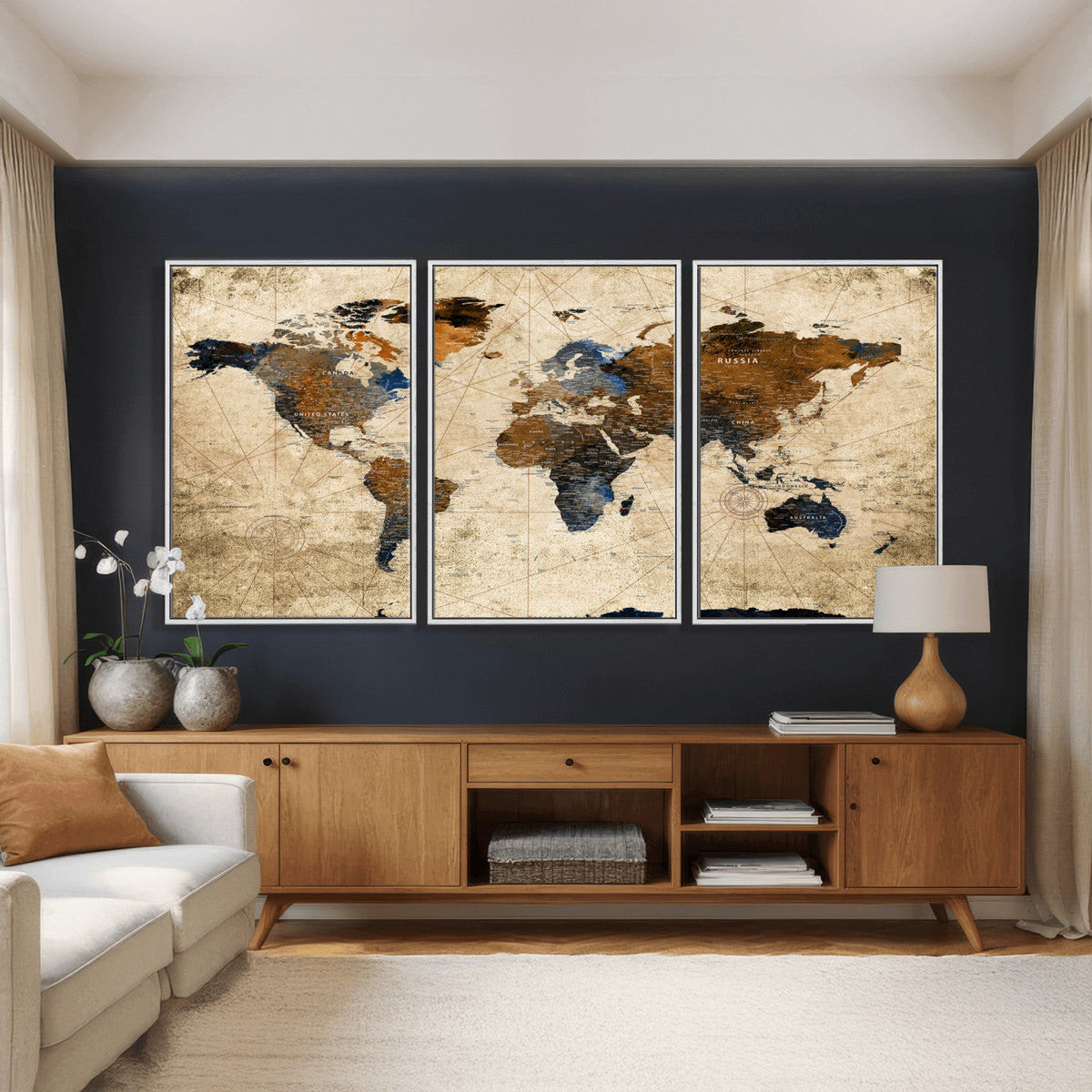 World Map Wall Art – Rustic Earth Tone Canvas Print, Antique