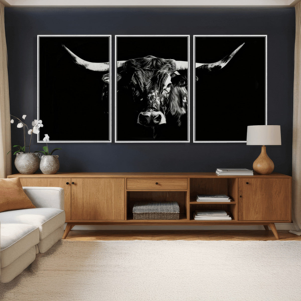 Black Bull Wall Art Canvas Print, Dark Longhorn Portrait
