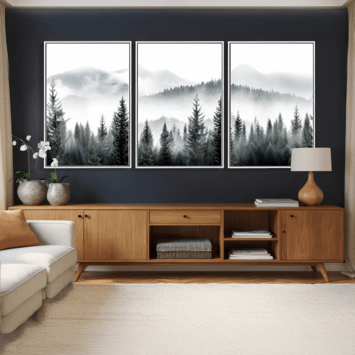Misty Pine Forest Mountain Landscape Wall Art Canvas Print