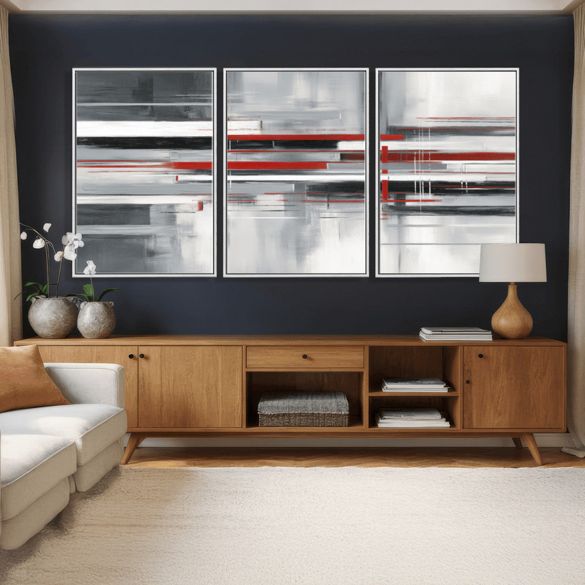 Gray Red Abstract Wall Art Canvas Print, Modern Abstract