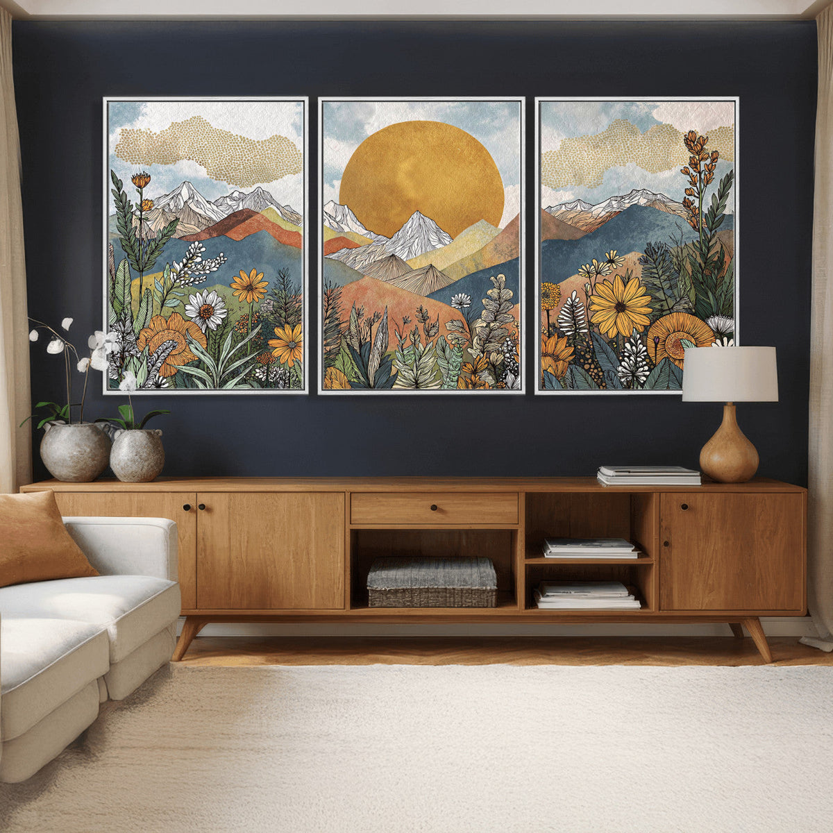 Boho Mountain Landscape Large Wall Art, Horizontal Gold