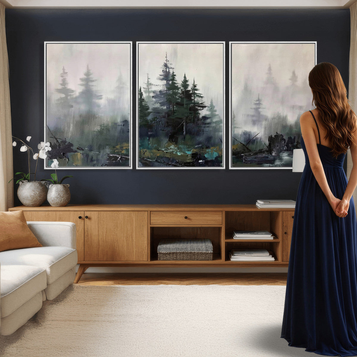 Misty Pine Forest Oil Painting Canvas — Dark Moody Teal Grey