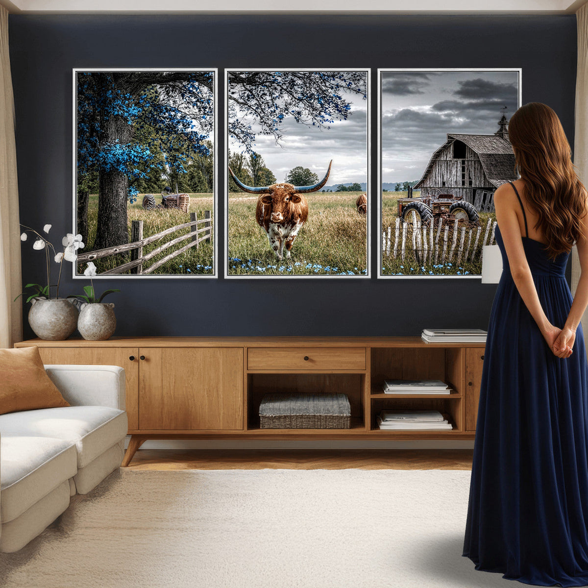 Texas Longhorn Canvas Wall Art, Rustic Farm Barn Bluebonnet