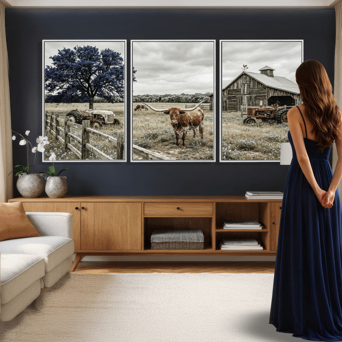 Texas Longhorn Canvas Wall Art, Rustic Farm Barn Bluebonnet