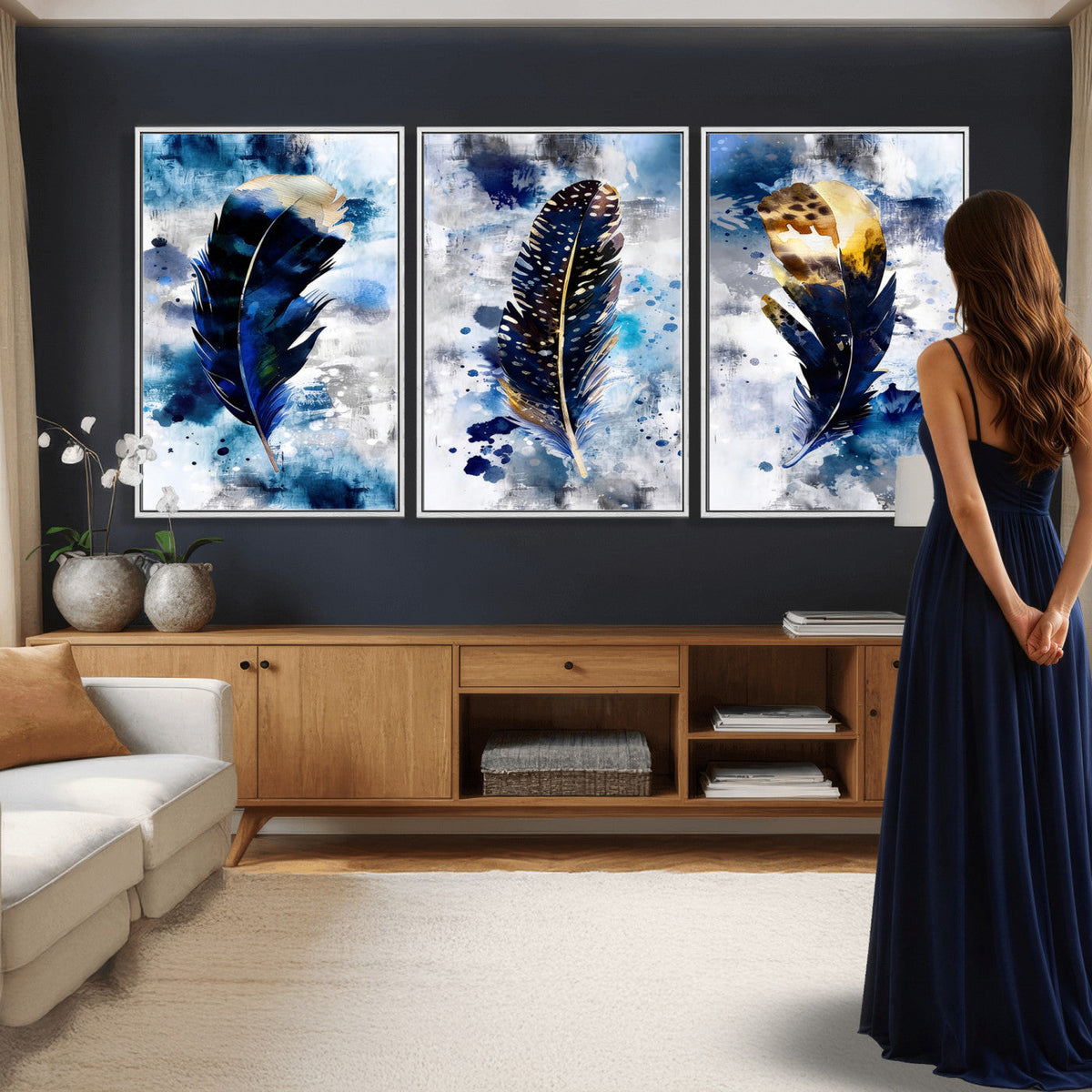 Feather Canvas Wall Art Navy Blue Gold Watercolor Abstract