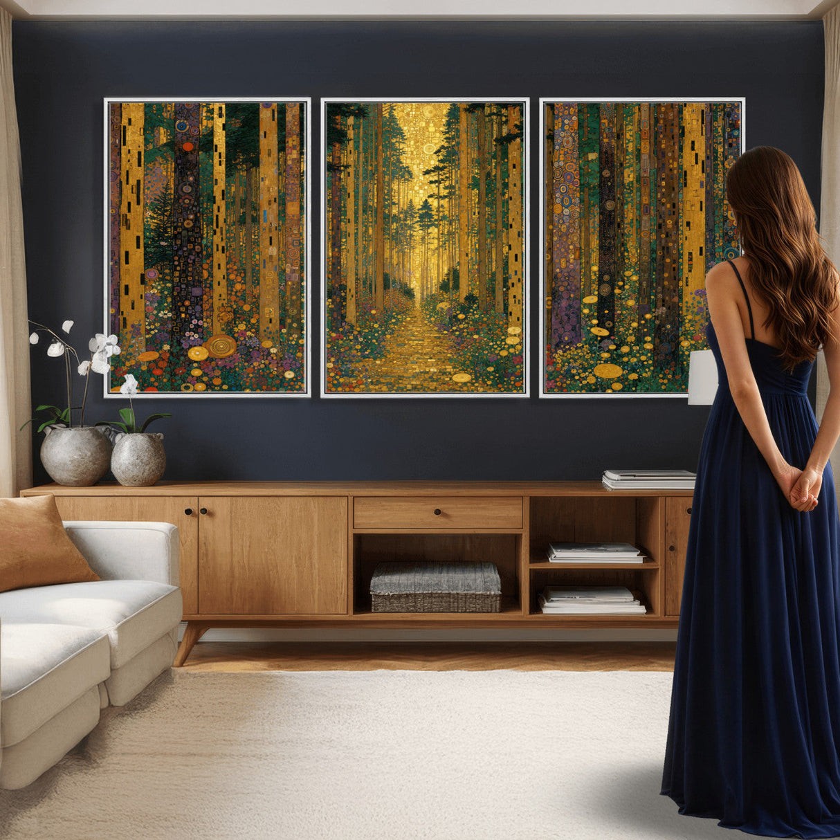 Gustav Klimt Style Forest Canvas Wall Art, Golden Forest Path Floral Art Nouveau Print, Enchanted Woodland Decor