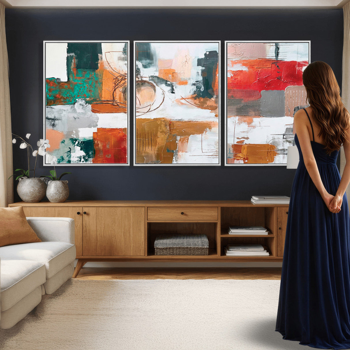 Blue Teal Abstract Canvas Wall Art, Modern Textured Painting Print, Navy Orange White Contemporary Art, Neutral Living Room Decor, Office Art