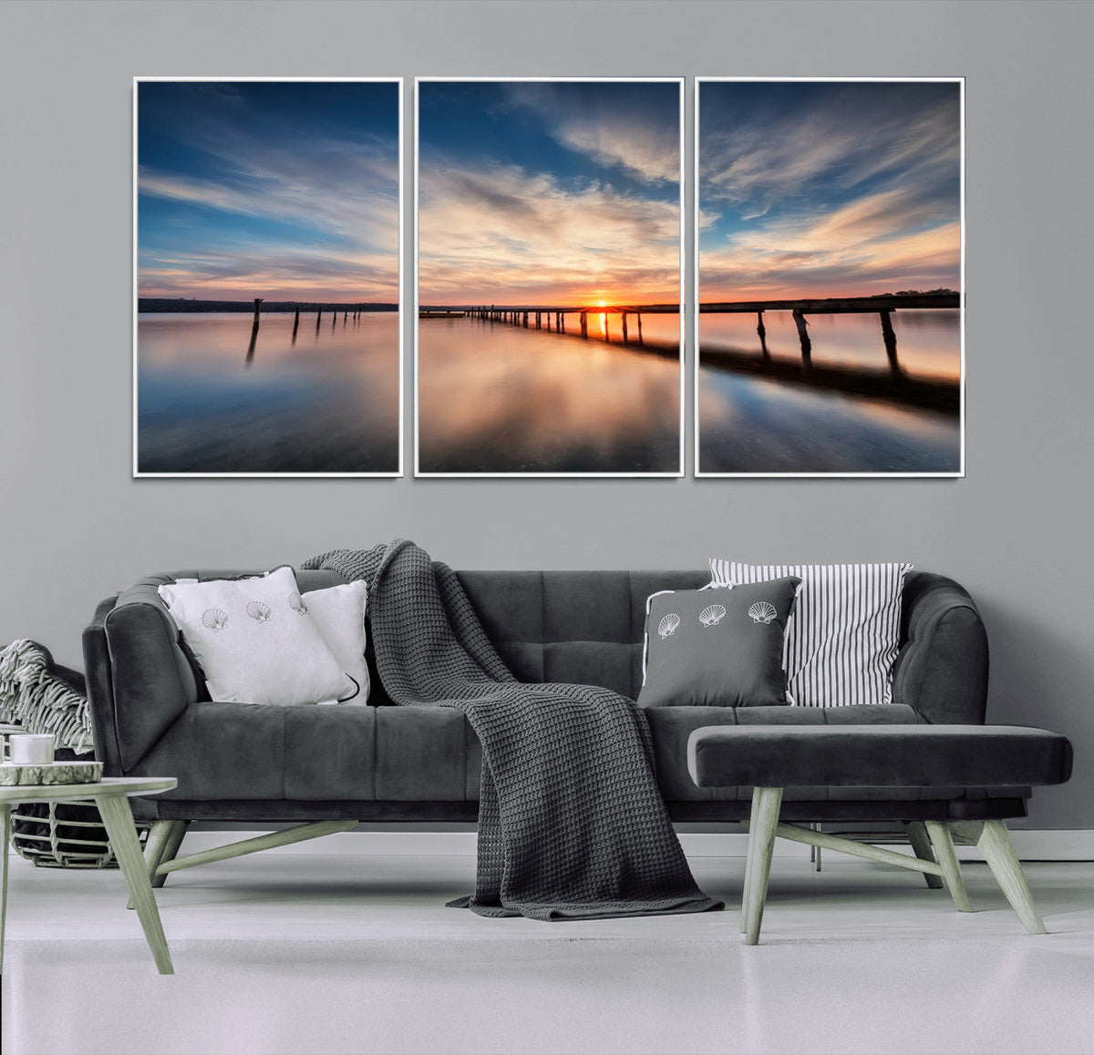 Wooden Pier on Seascape and Sunset Wall Art Canvas Print
