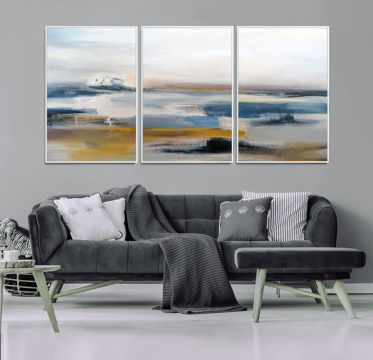 Abstract Landscape Wall Art Canvas | 3 Panel Modern Blue,