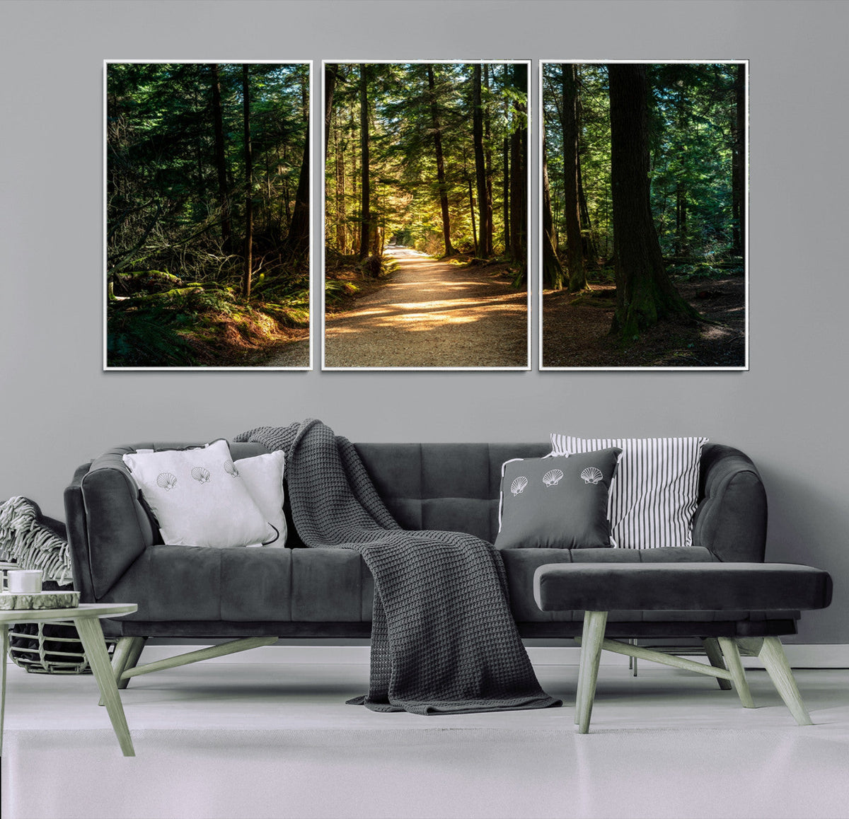 Sunlit Forest Pathway Canvas Print | 3 Panel Large Nature