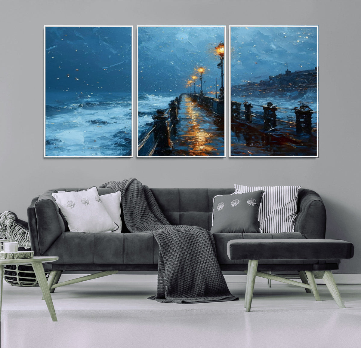 Stormy Night at Beach Pier Oil Painting Large Wall Art