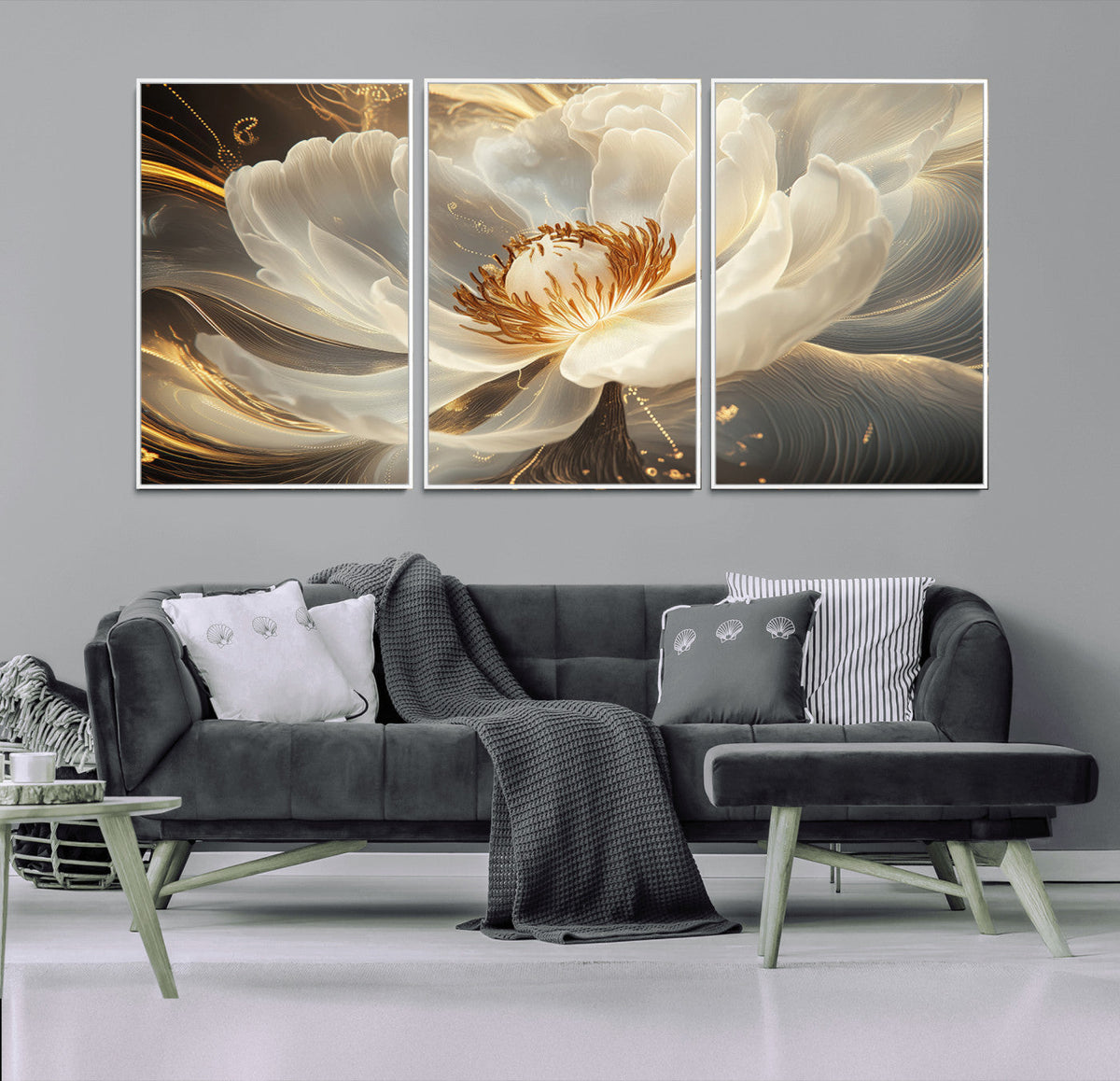 Gold Floral Wall Art Canvas Print, Framed Modern Flower Art