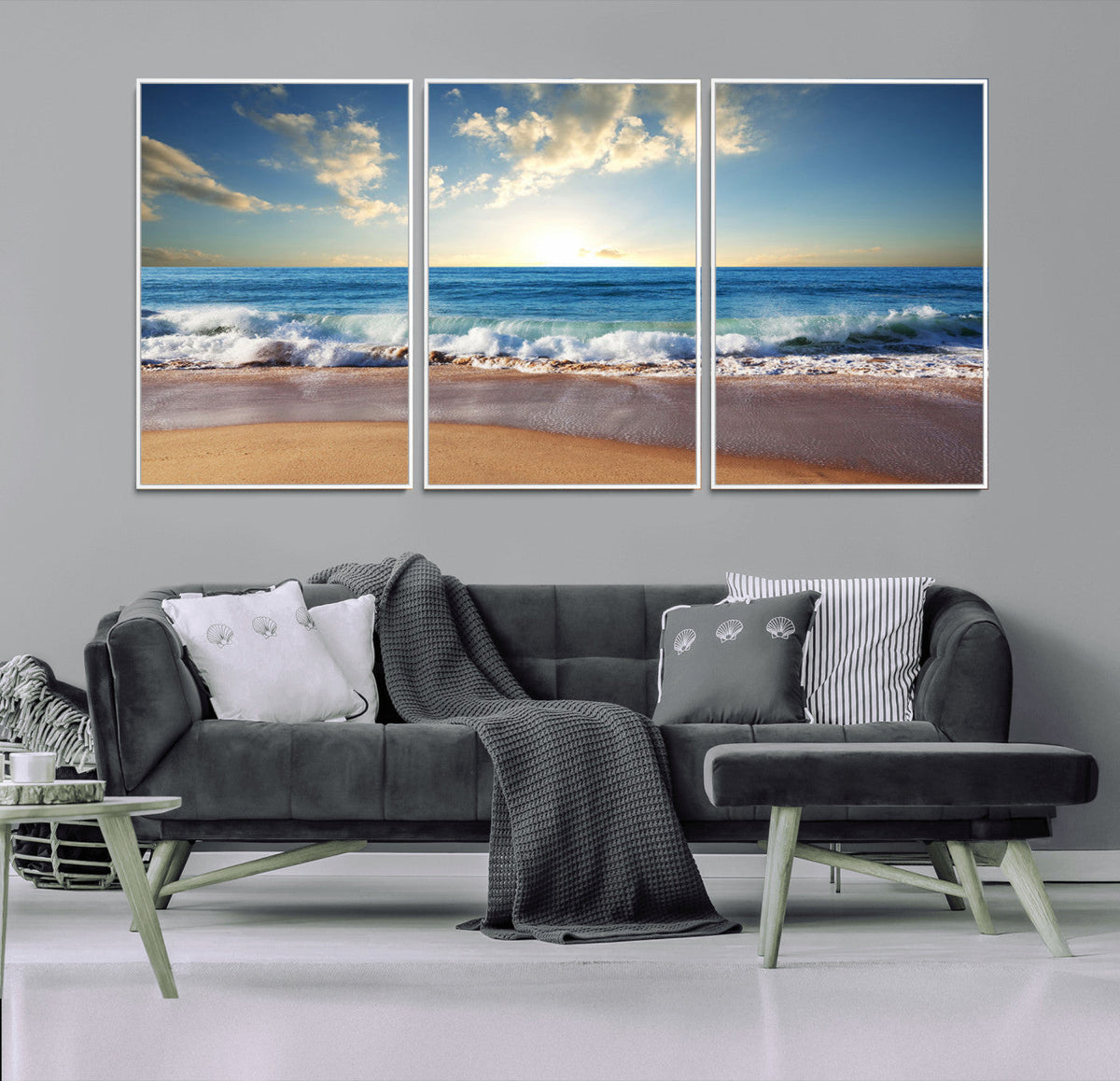 Serene Ocean Sunset Canvas Wall Art - Beach Waves at Sunset,
