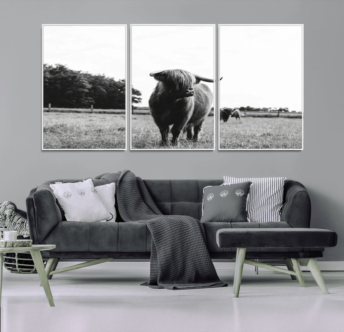 Black and White Highland Cow Wall Art Canvas Print | Rustic