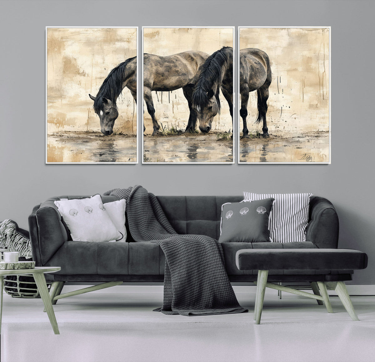Chinese Style Abstract Black Horses Wall Art Canvas Print -