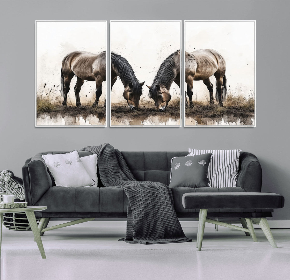 Chines Ink Style Horses Wall Art Canvas Print