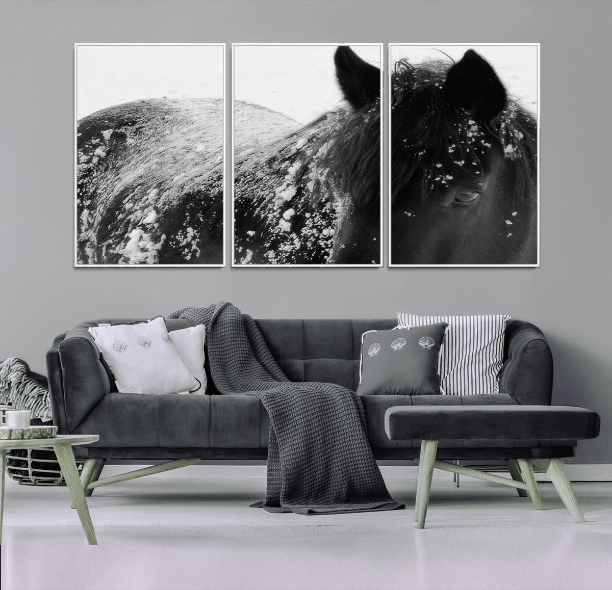 Black Horse in Snow Canvas Print | Winter Horse Wall Art |