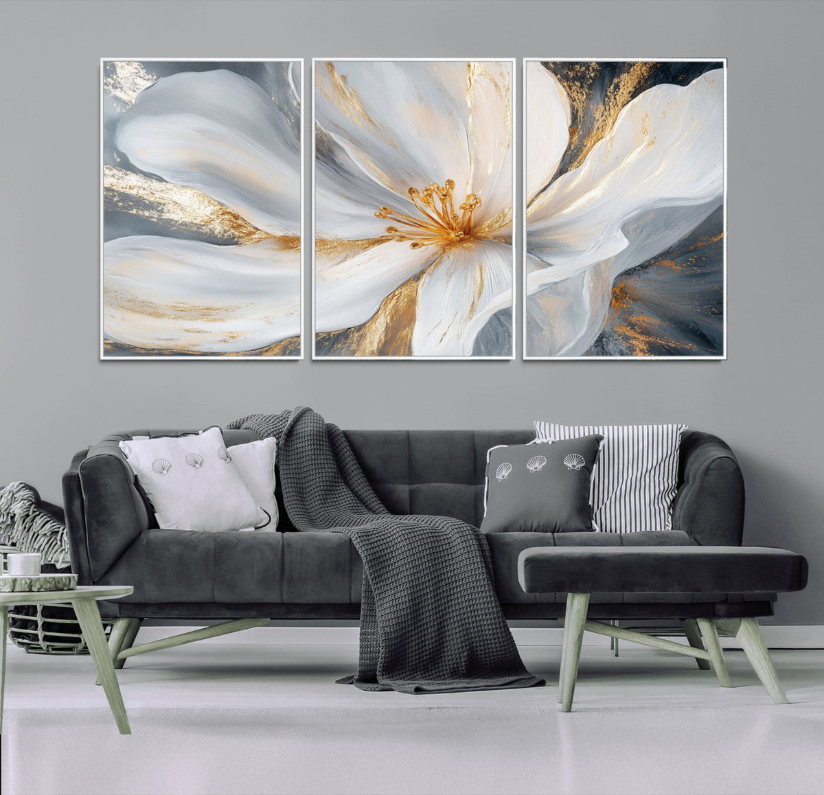 White and Gold Floral Canvas Wall Art - Framed and Ready to