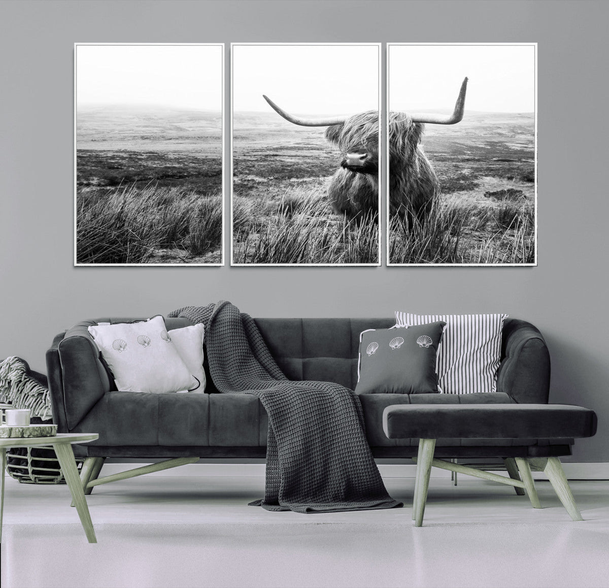 Scottish Highland Cow Wall Art | Black and White Canvas